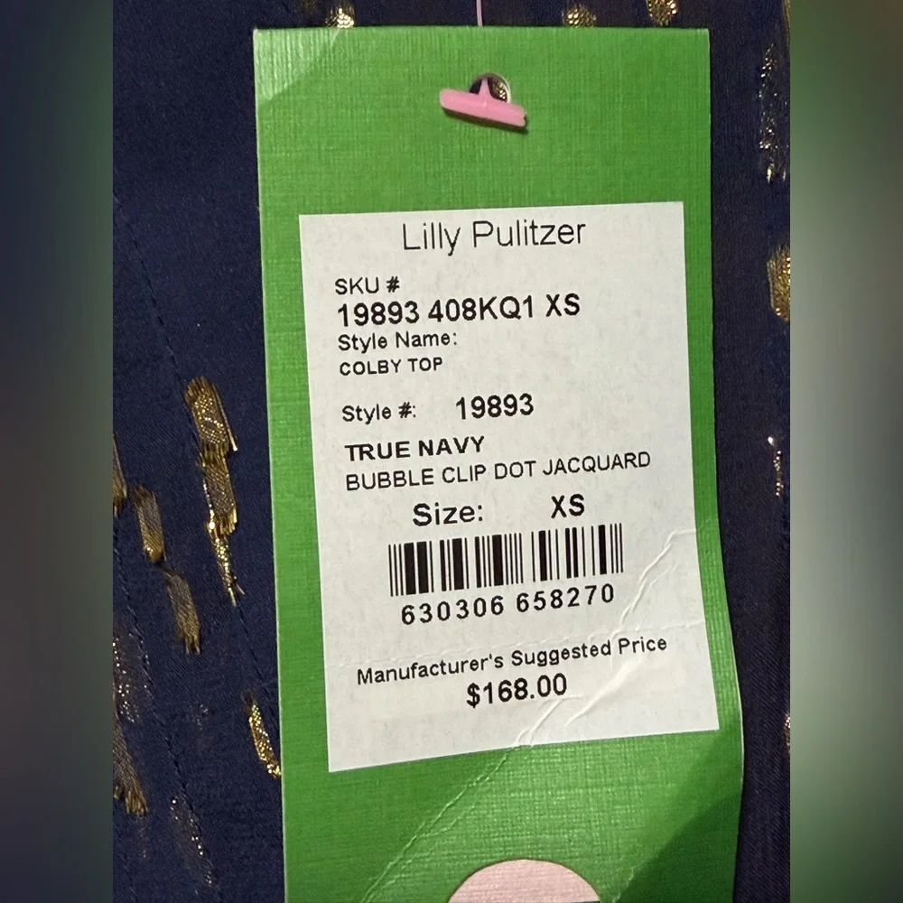 Lilly Pulitzer True Navy Gold Bubble Clip Dot Jacquard Blouse Top XS NWT SILK - Picture 5 of 11